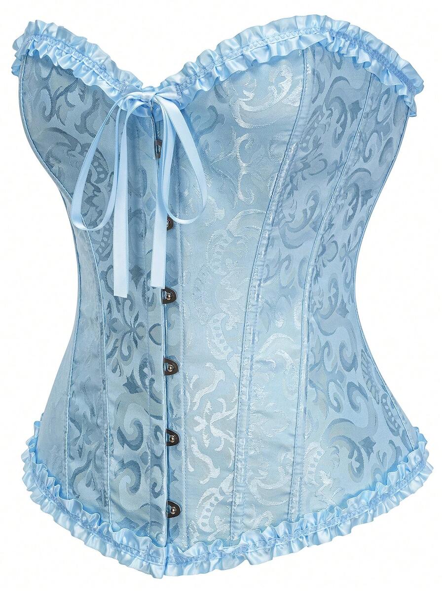 Women's strapless backless shapewear corset camisole top with floral lace, lace-up front, and grommet eyelet details.