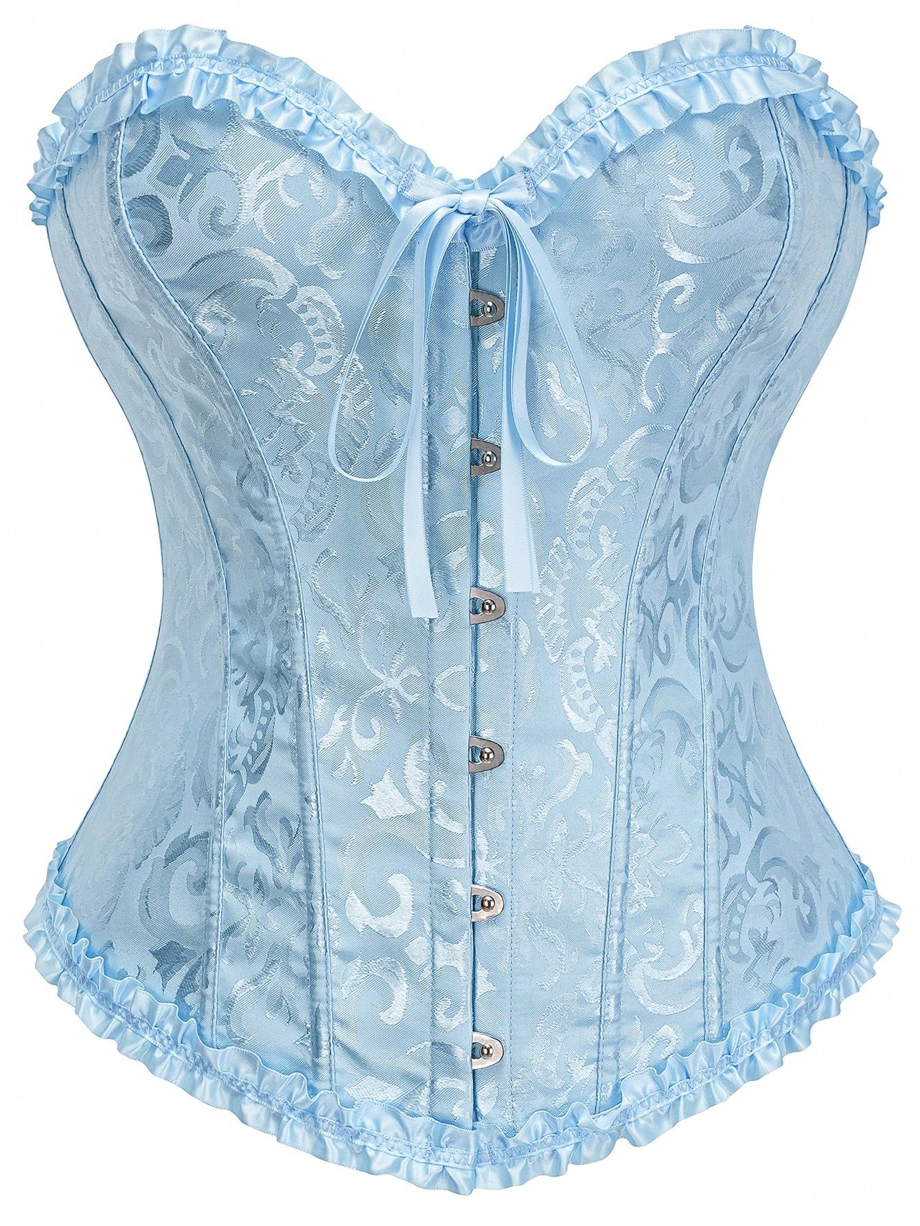 Women's strapless backless shapewear corset camisole top with floral lace, lace-up front, and grommet eyelet details.