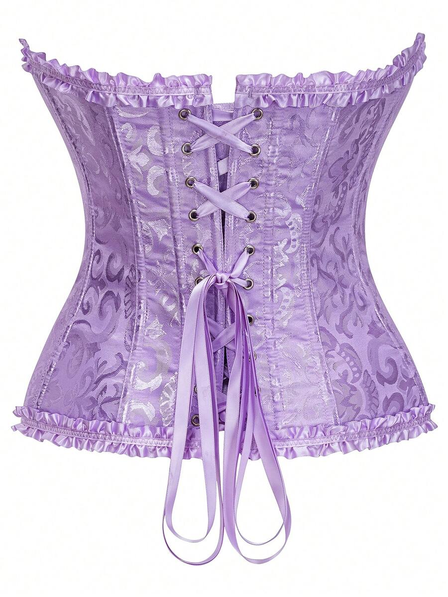 Women's strapless backless shapewear corset camisole top with floral lace, lace-up front, and grommet eyelet details.