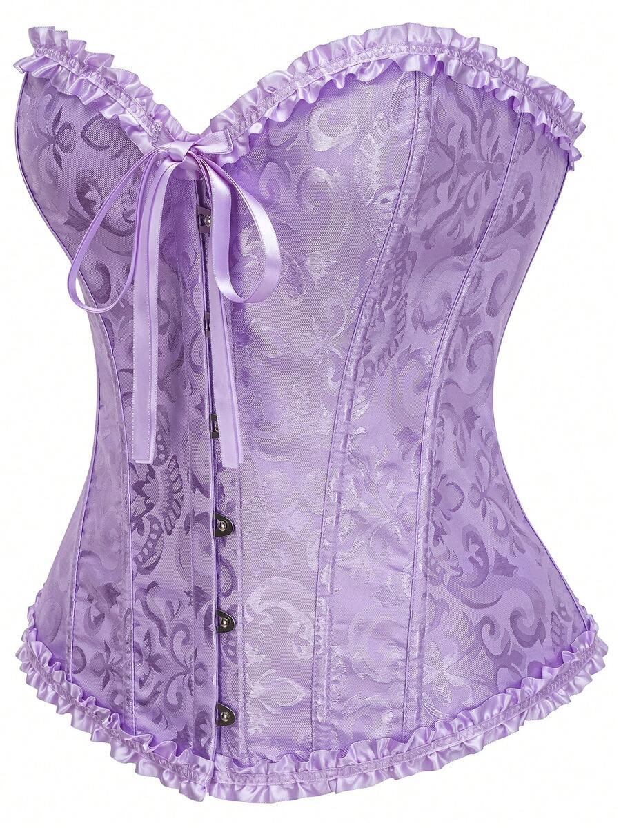 Women's strapless backless shapewear corset camisole top with floral lace, lace-up front, and grommet eyelet details.
