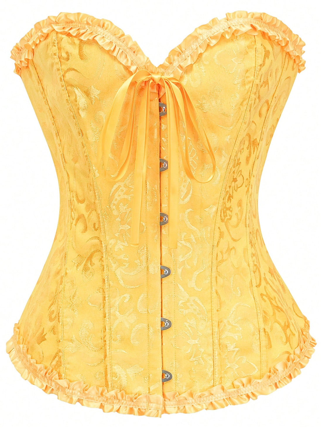Women's strapless backless shapewear corset camisole top with floral lace, lace-up front, and grommet eyelet details.