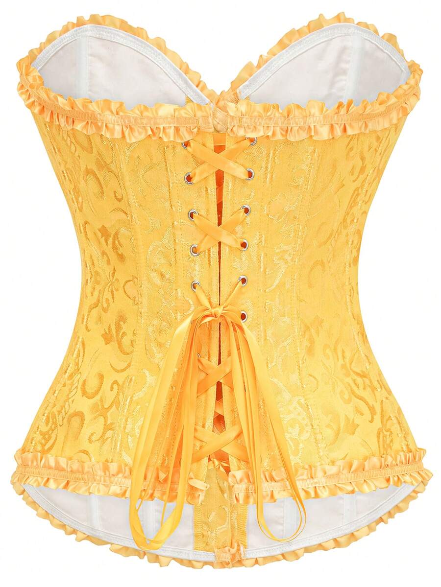 Women's strapless backless shapewear corset camisole top with floral lace, lace-up front, and grommet eyelet details.