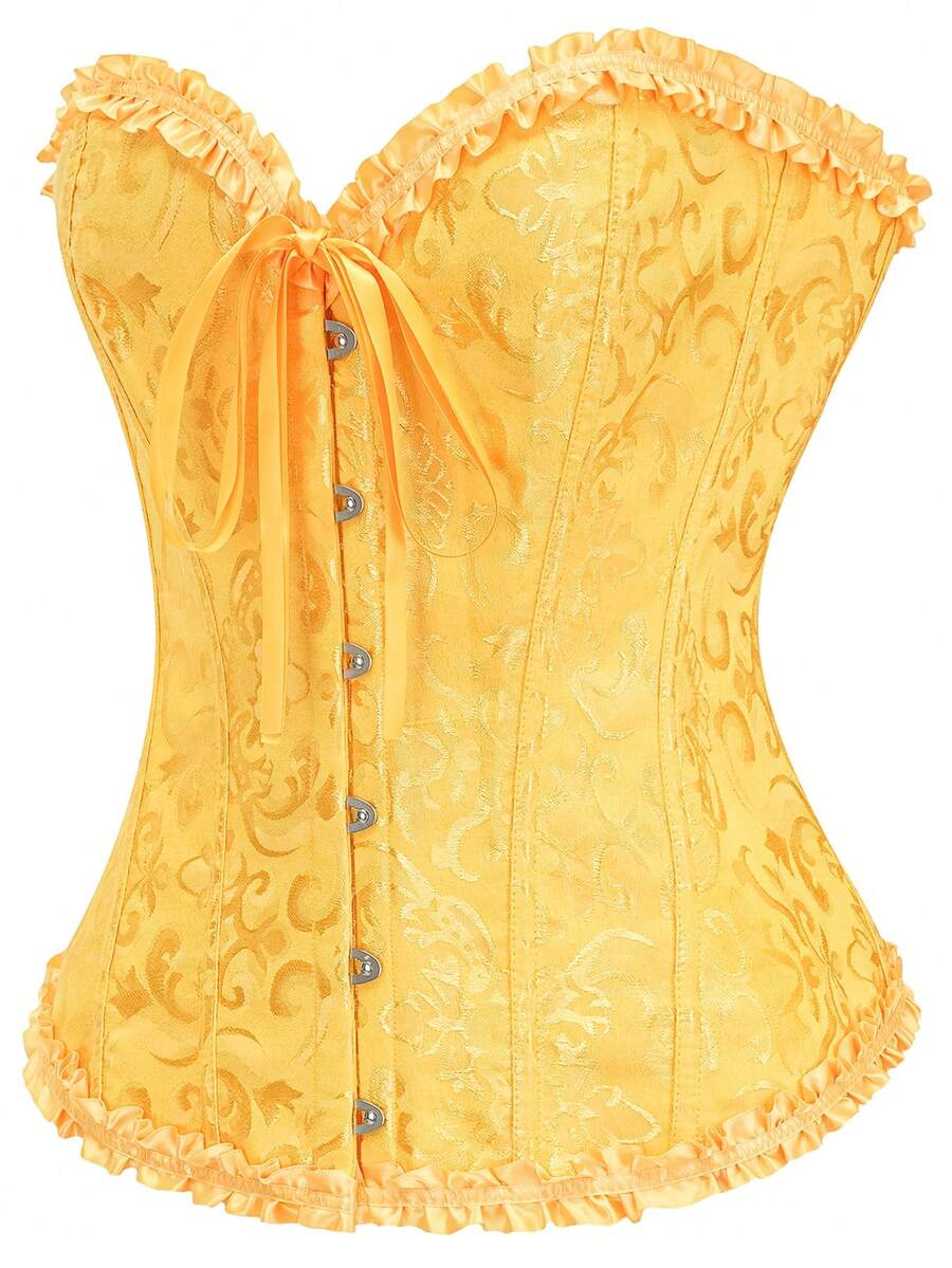 Women's strapless backless shapewear corset camisole top with floral lace, lace-up front, and grommet eyelet details.