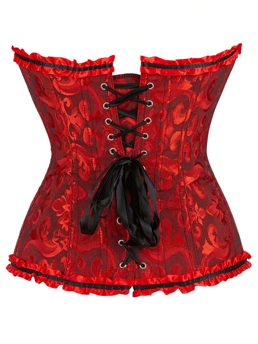 Women's strapless backless shapewear corset camisole top with floral lace, lace-up front, and grommet eyelet details.