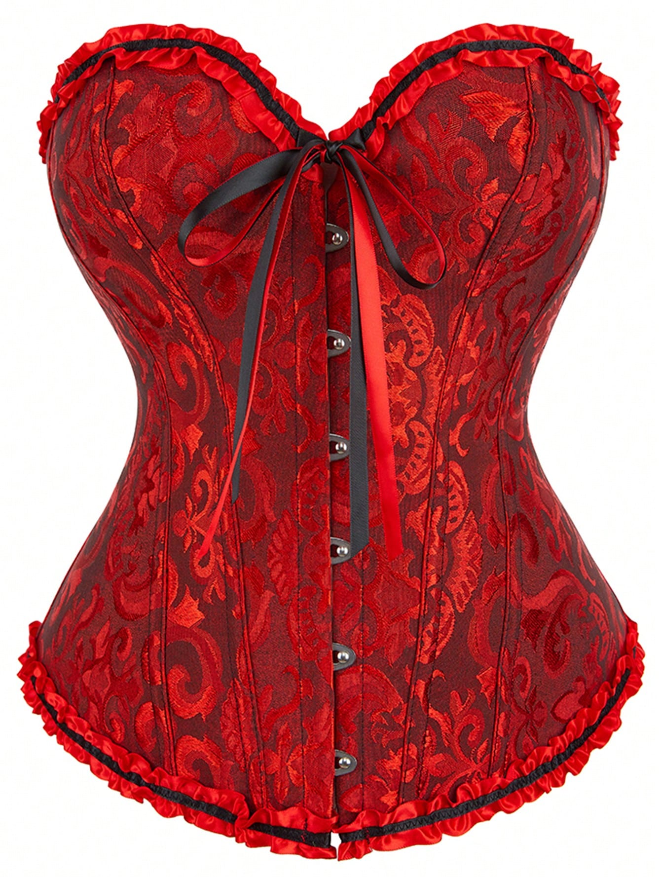 Women's strapless backless shapewear corset camisole top with floral lace, lace-up front, and grommet eyelet details.