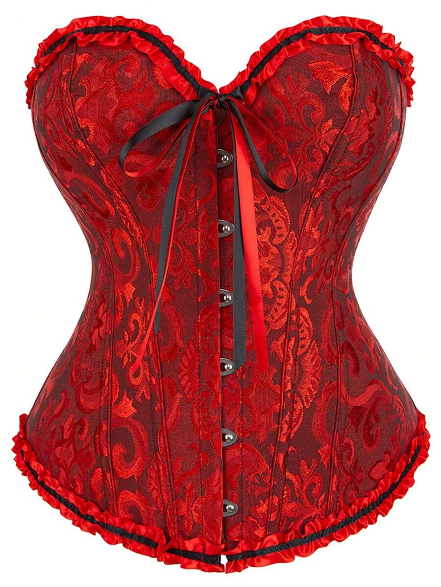 Women's strapless backless shapewear corset camisole top with floral lace, lace-up front, and grommet eyelet details.