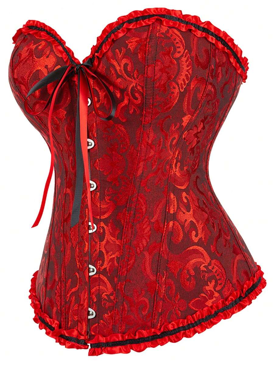 Women's strapless backless shapewear corset camisole top with floral lace, lace-up front, and grommet eyelet details.