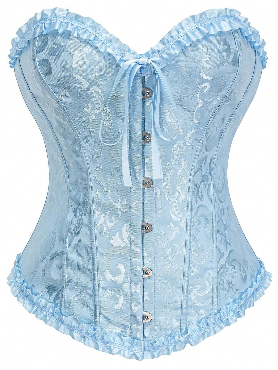Women's strapless backless shapewear corset camisole top with floral lace, lace-up front, and grommet eyelet details.