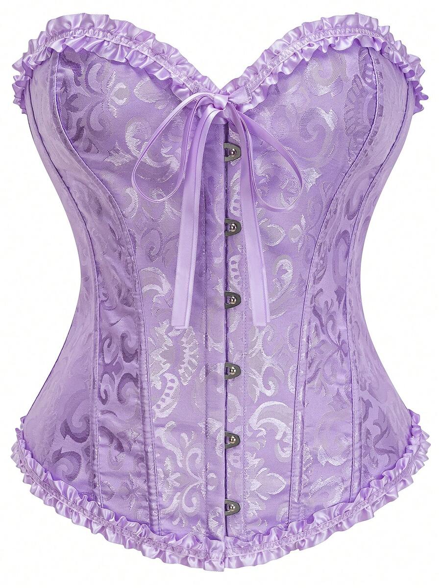Women's strapless backless shapewear corset camisole top with floral lace, lace-up front, and grommet eyelet details.