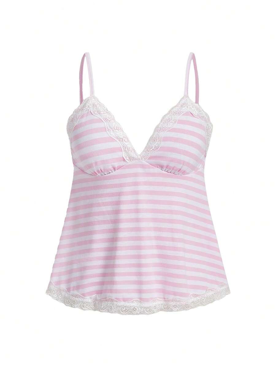 Red and white striped camisole top featuring contrast white scallop lace trim along the neckline and slim fit spaghetti straps.