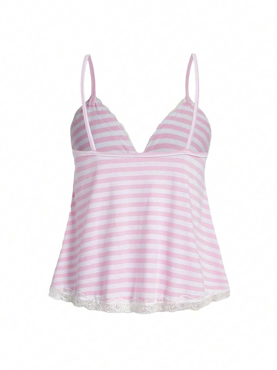 Red and white striped camisole top featuring contrast white scallop lace trim along the neckline and slim fit spaghetti straps.