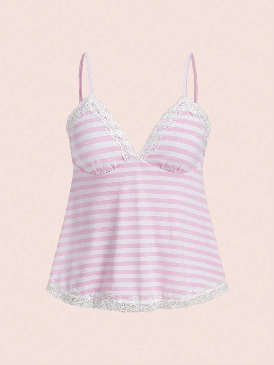 Red and white striped camisole top featuring contrast white scallop lace trim along the neckline and slim fit spaghetti straps.