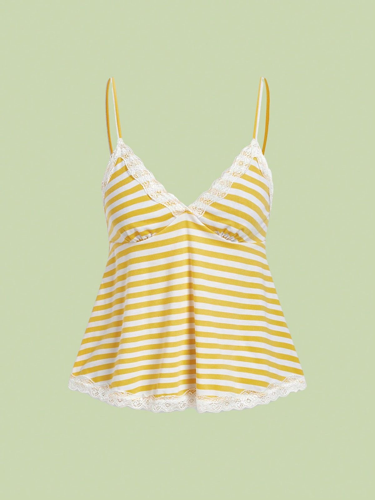 Red and white striped camisole top featuring contrast white scallop lace trim along the neckline and slim fit spaghetti straps.