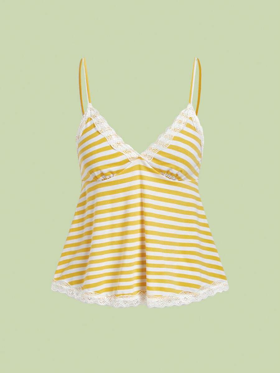 Red and white striped camisole top featuring contrast white scallop lace trim along the neckline and slim fit spaghetti straps.
