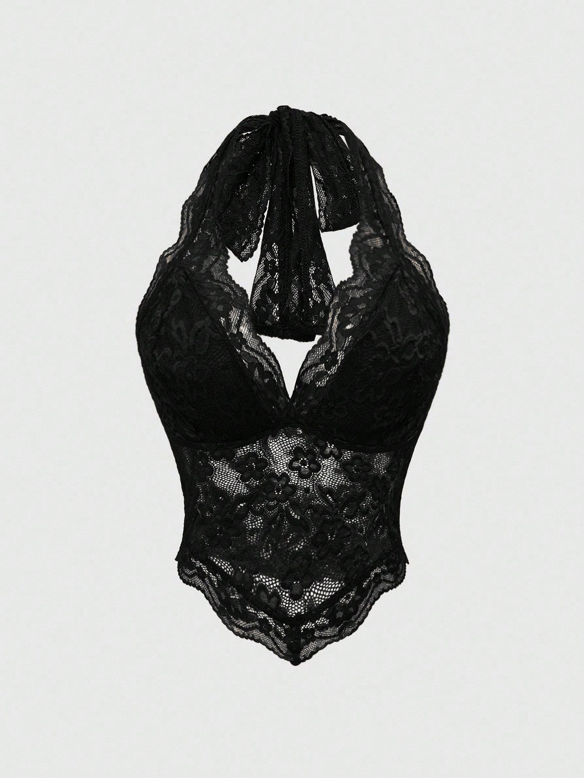 Women's black lace halter neck camisole featuring a backless crop silhouette, contrast lace trim, and scallop hem.