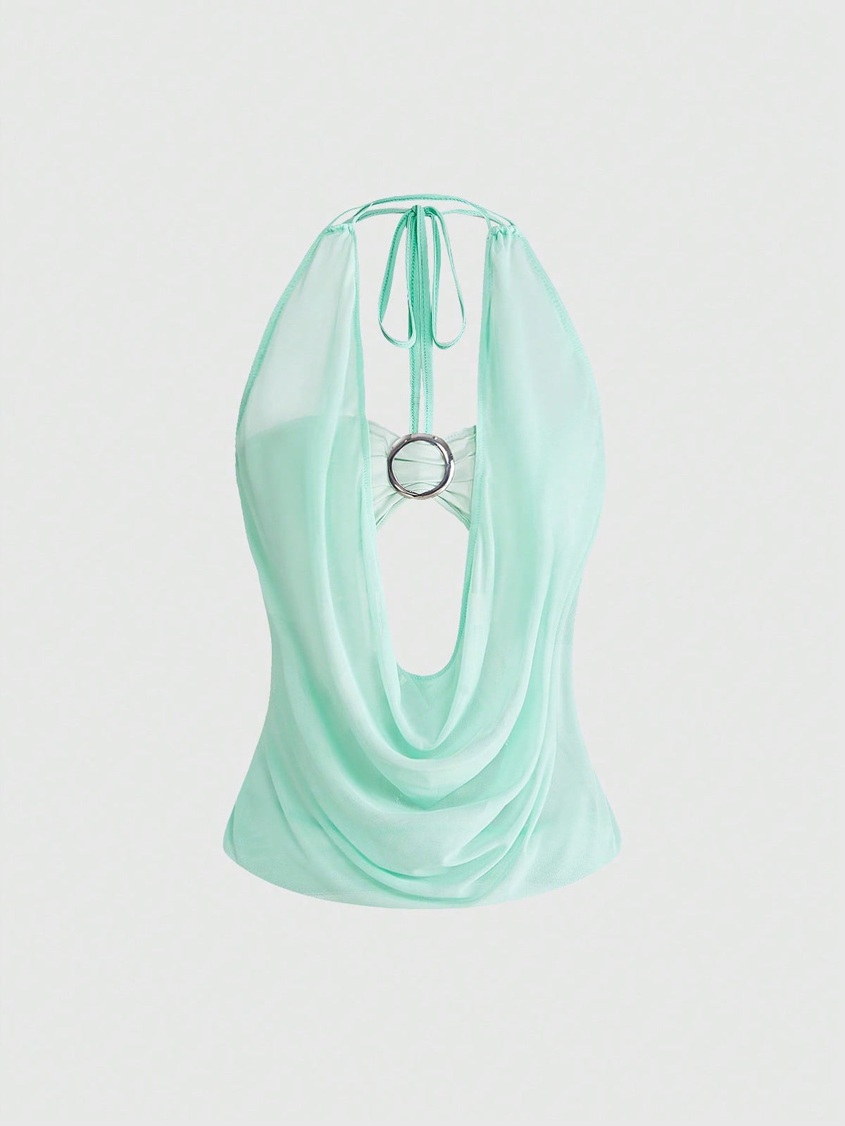 Women's cowl neck halter crop tank top featuring a draped backless design and matching bandeau inner layer.