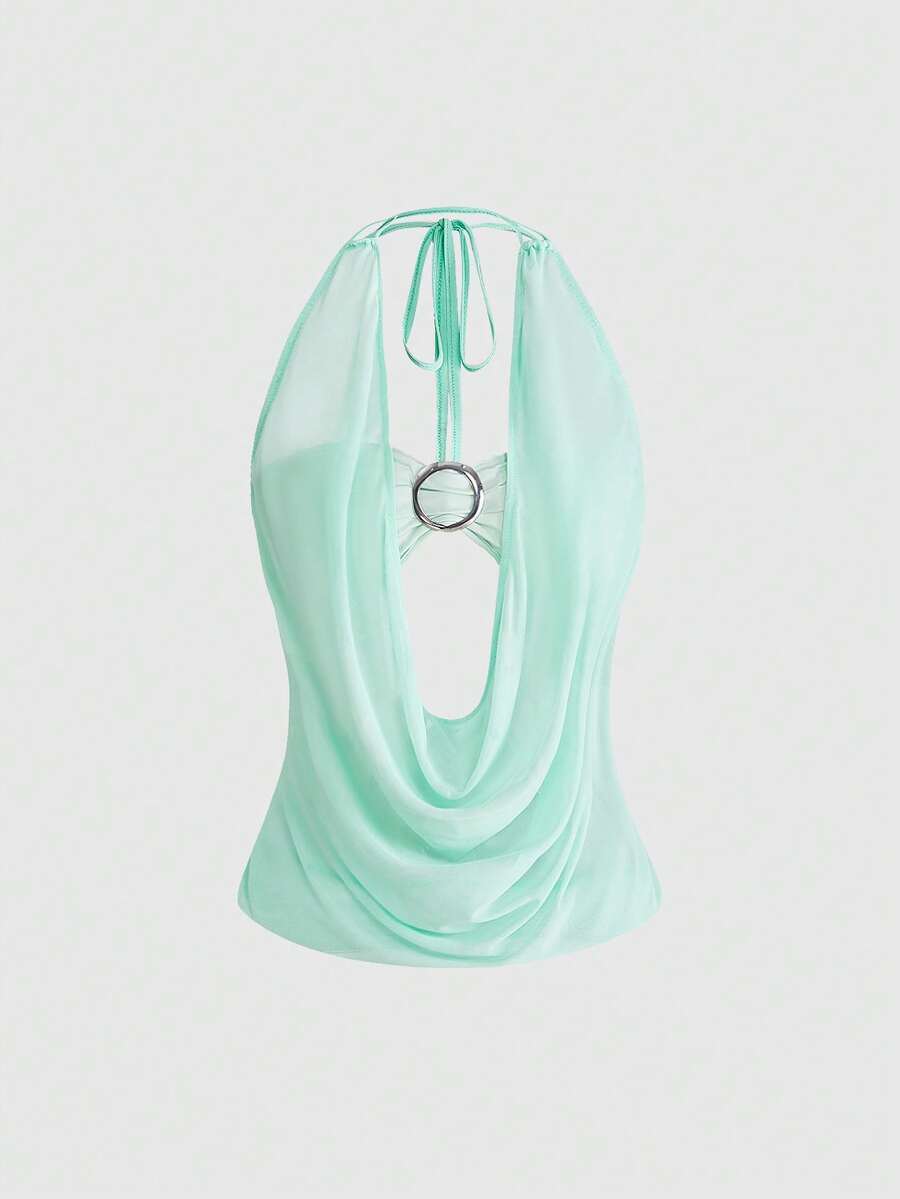 Women's cowl neck halter crop tank top featuring a draped backless design and matching bandeau inner layer.
