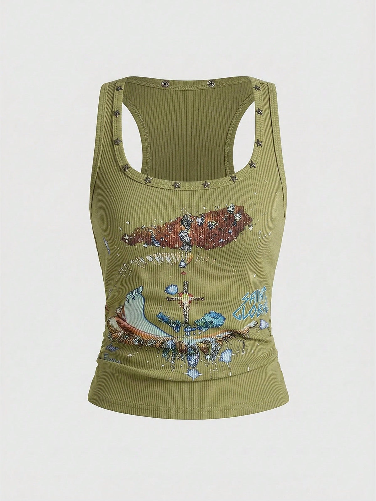 Women's black slim fit tank top featuring a starry sky rivet print and square neckline.