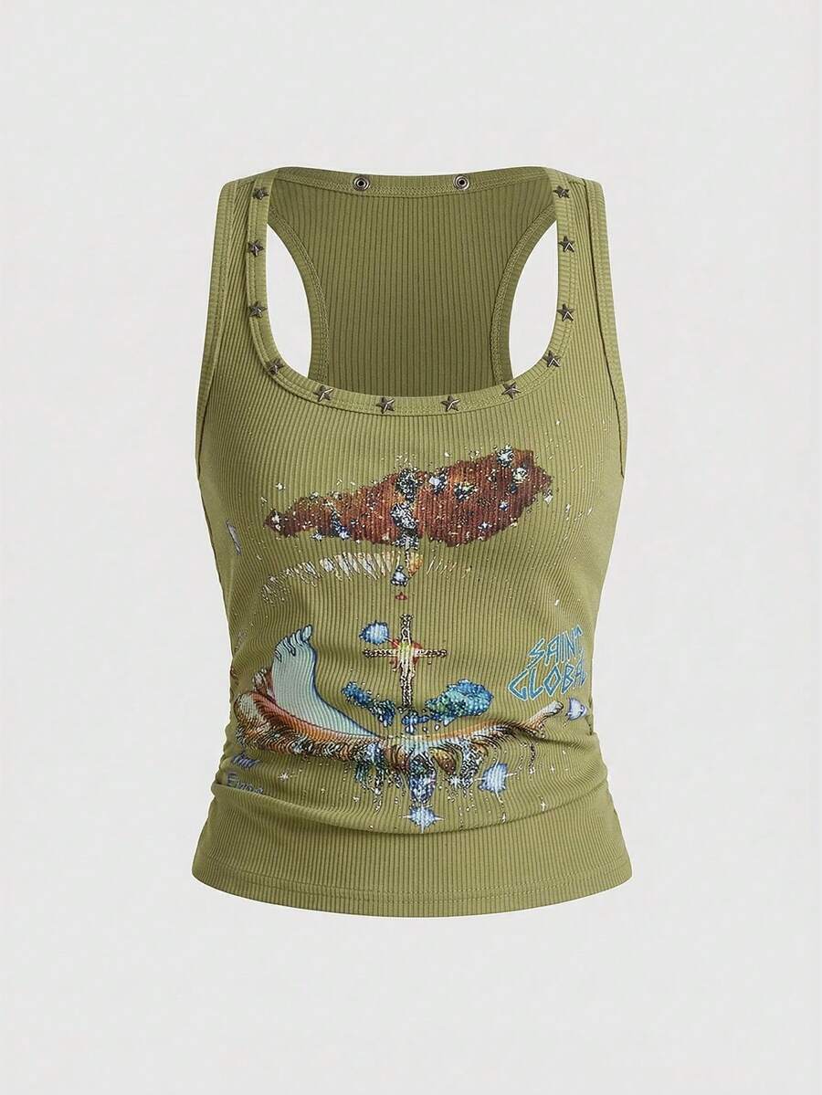 Women's black slim fit tank top featuring a starry sky rivet print and square neckline.