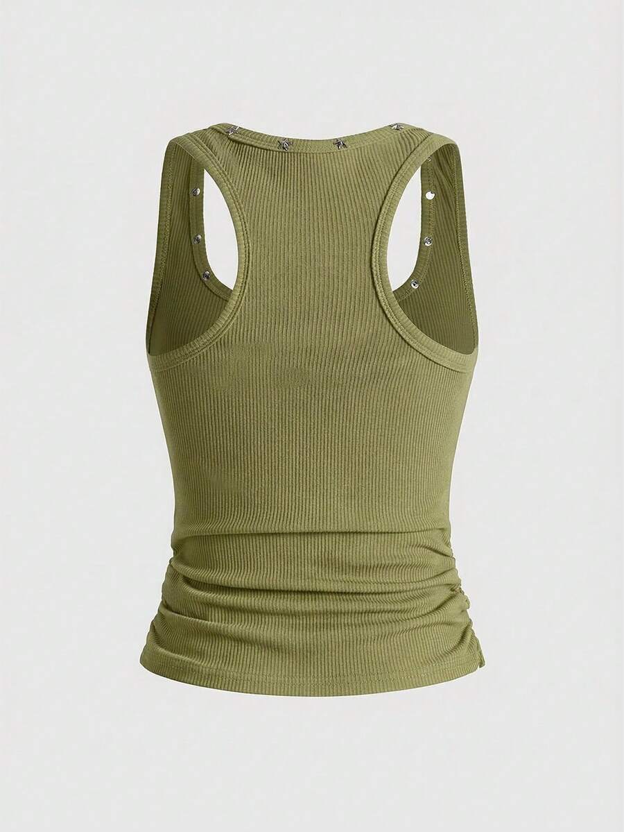 Women's black slim fit tank top featuring a starry sky rivet print and square neckline.
