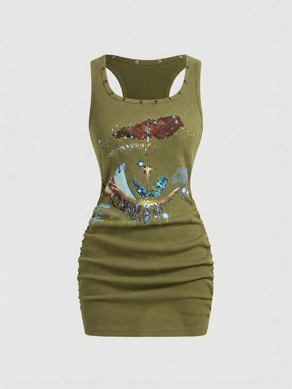 Army green short sleeve ruched bodycon mini dress for women featuring a scoop neckline and slim fit pencil hem.