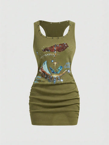 Army green short sleeve ruched bodycon mini dress for women featuring a scoop neckline and slim fit pencil hem.