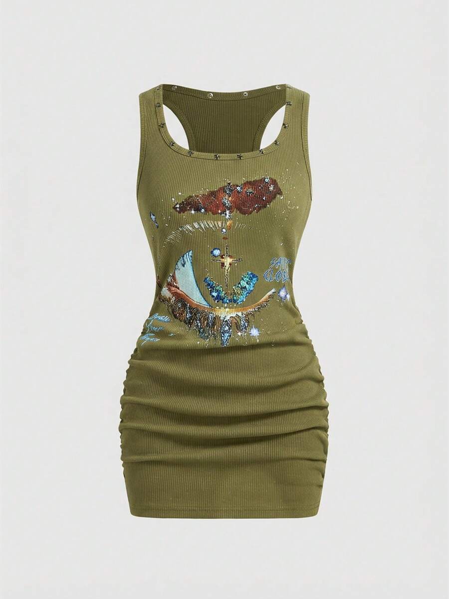 Army green short sleeve ruched bodycon mini dress for women featuring a scoop neckline and slim fit pencil hem.