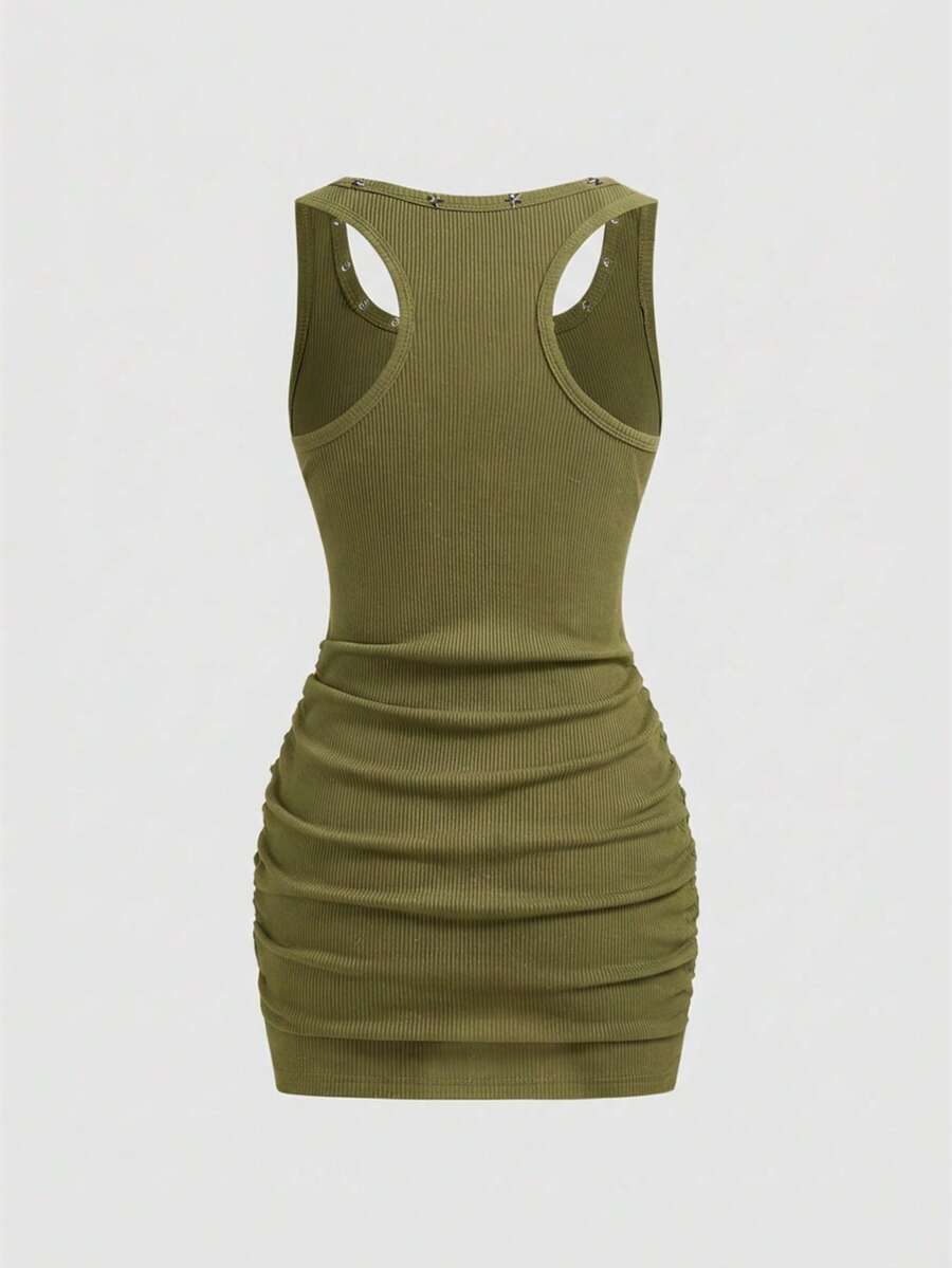 Army green short sleeve ruched bodycon mini dress for women featuring a scoop neckline and slim fit pencil hem.