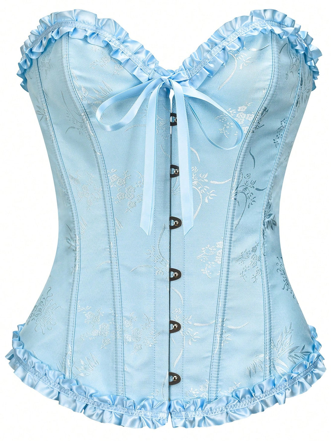 Women’s strapless corset bustier top with front button detail, lace-up back, frill accents, slim fit, and asymmetrical hem.