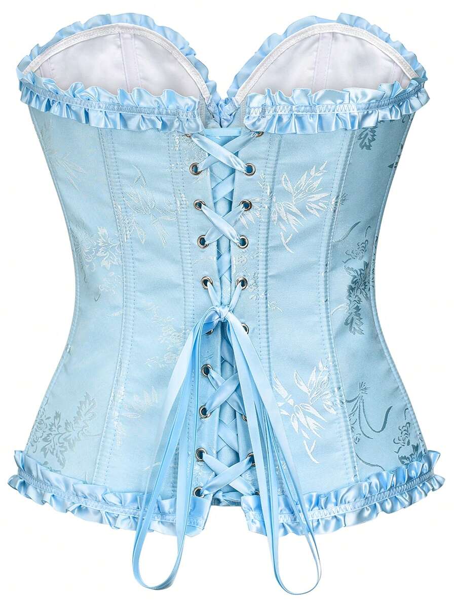 Women’s strapless corset bustier top with front button detail, lace-up back, frill accents, slim fit, and asymmetrical hem.