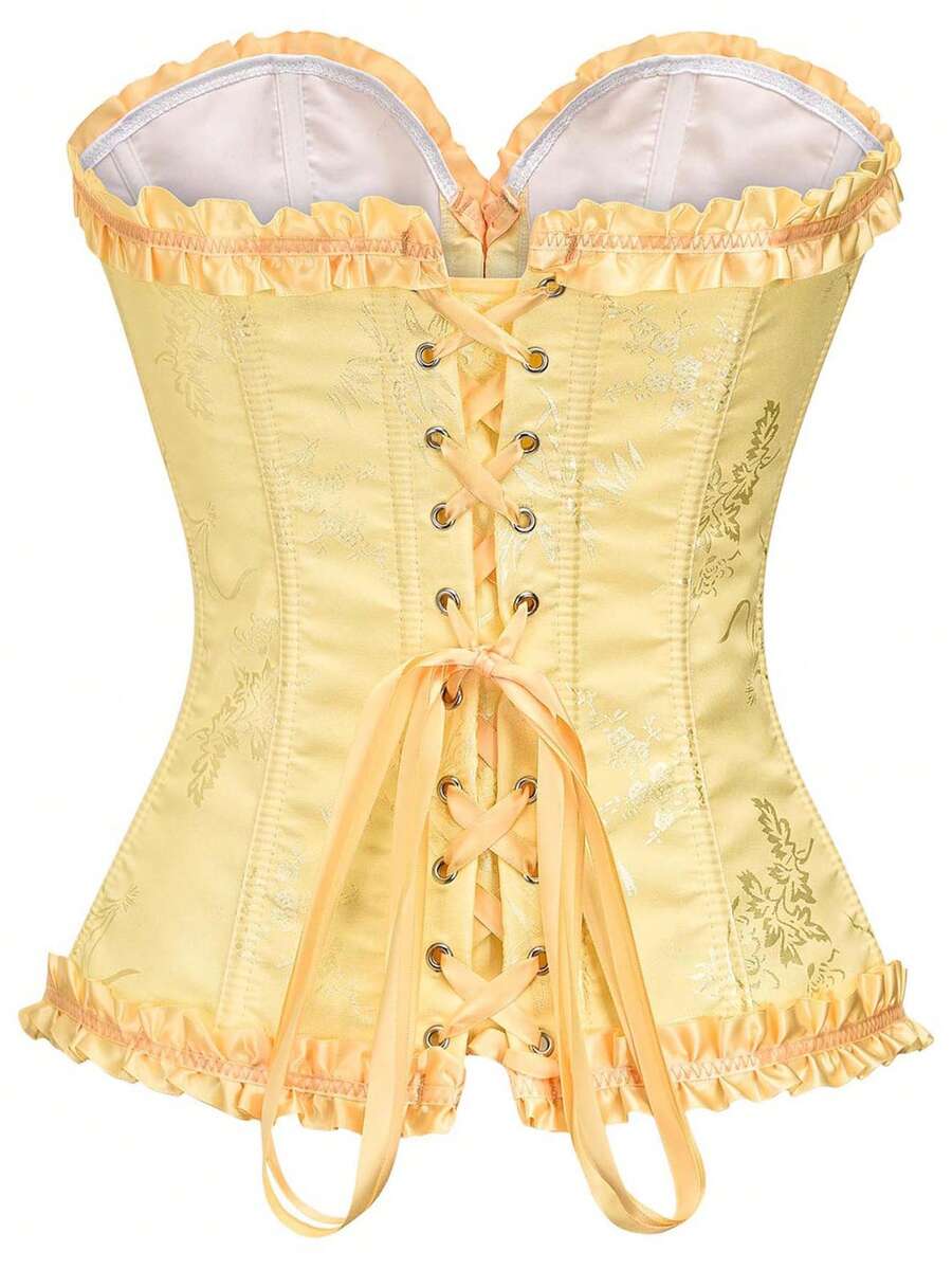 Women’s strapless corset bustier top with front button detail, lace-up back, frill accents, slim fit, and asymmetrical hem.