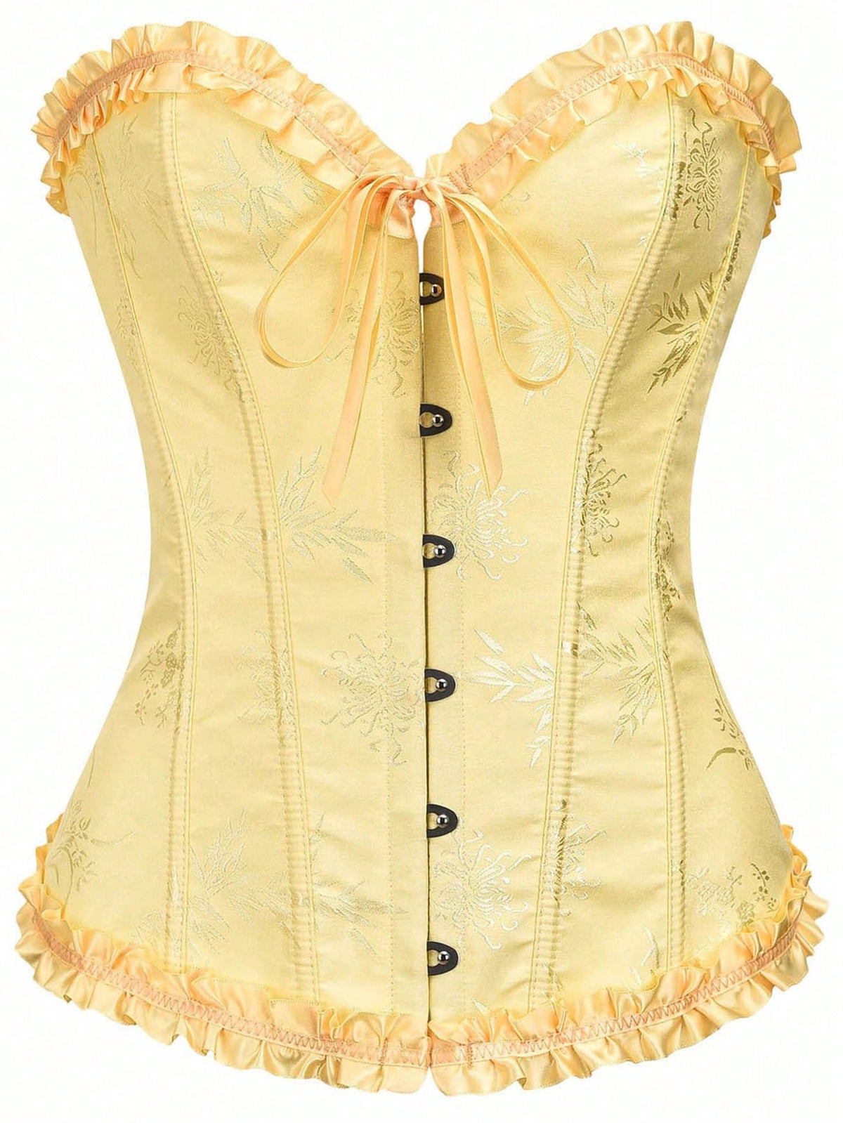 Women’s strapless corset bustier top with front button detail, lace-up back, frill accents, slim fit, and asymmetrical hem.