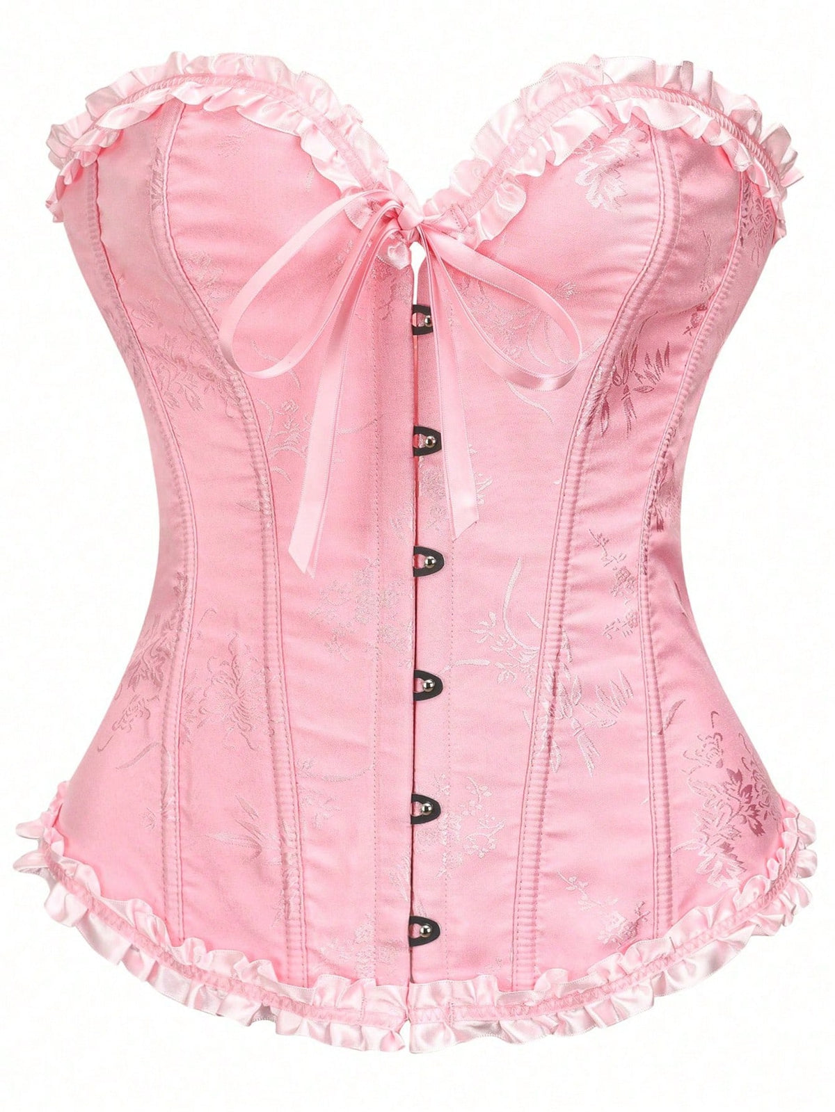 Women’s strapless corset bustier top with front button detail, lace-up back, frill accents, slim fit, and asymmetrical hem.