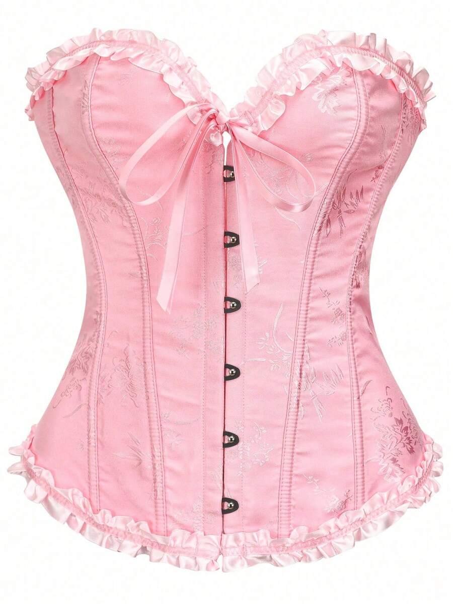Women’s strapless corset bustier top with front button detail, lace-up back, frill accents, slim fit, and asymmetrical hem.