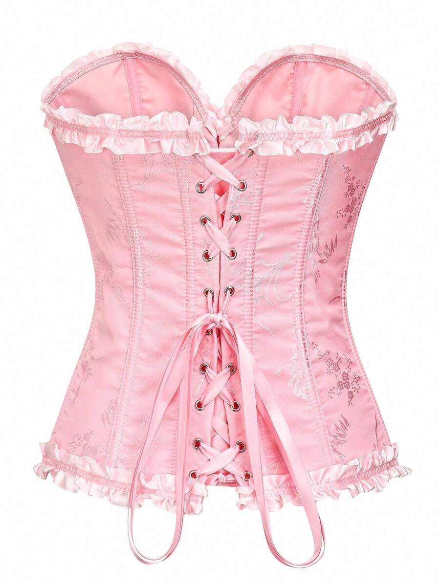 Women’s strapless corset bustier top with front button detail, lace-up back, frill accents, slim fit, and asymmetrical hem.