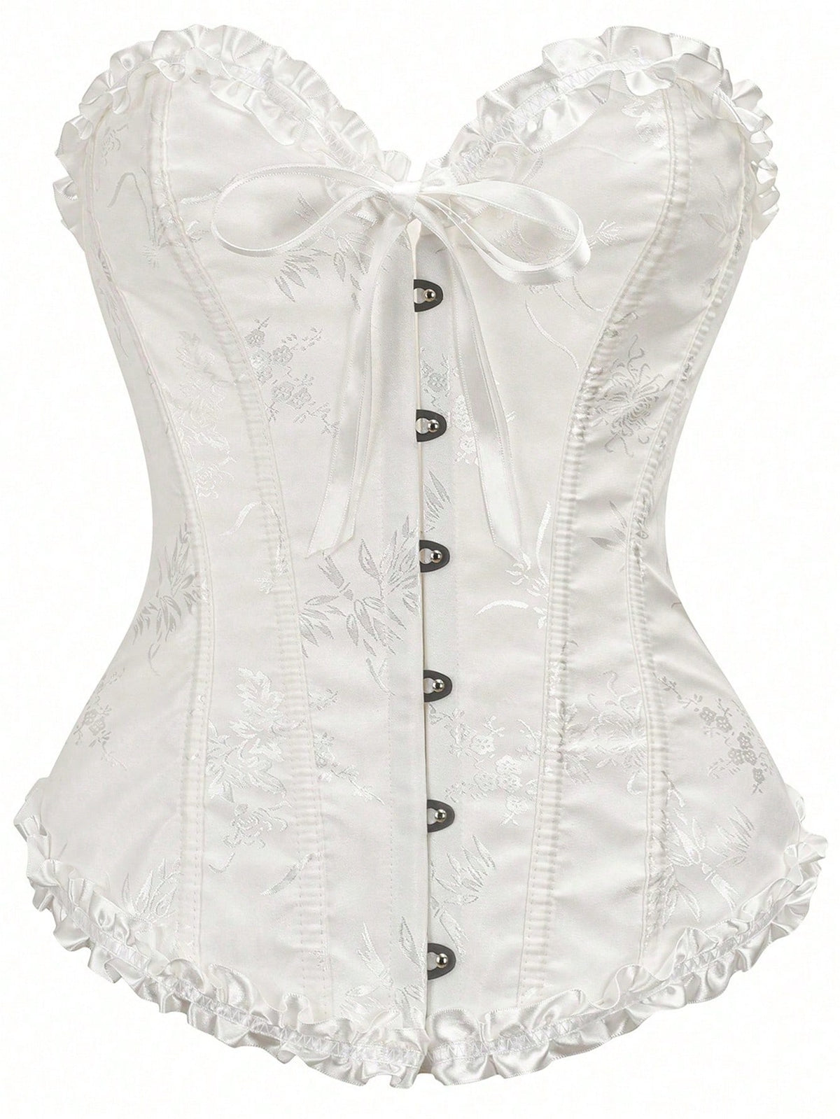 Women’s strapless corset bustier top with front button detail, lace-up back, frill accents, slim fit, and asymmetrical hem.