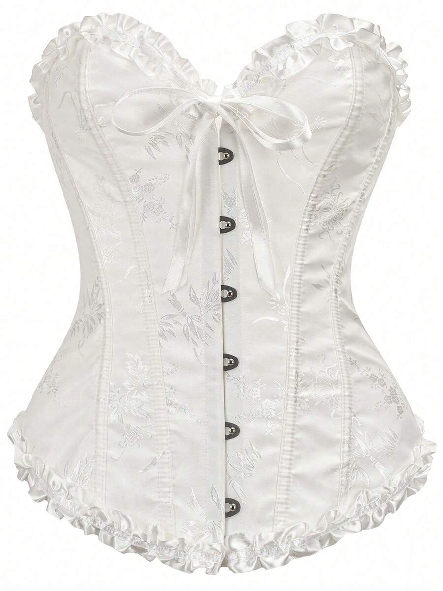Women’s strapless corset bustier top with front button detail, lace-up back, frill accents, slim fit, and asymmetrical hem.