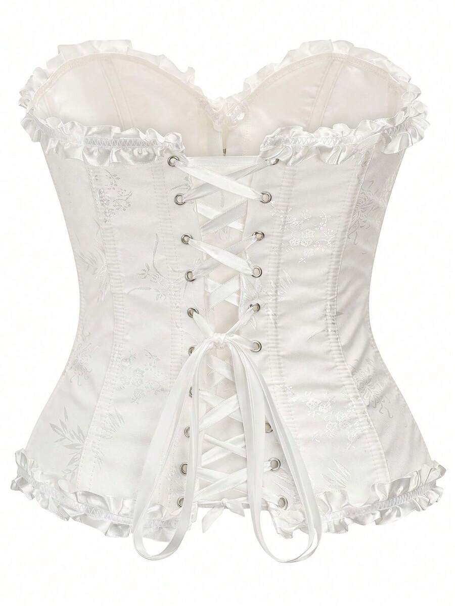 Women’s strapless corset bustier top with front button detail, lace-up back, frill accents, slim fit, and asymmetrical hem.
