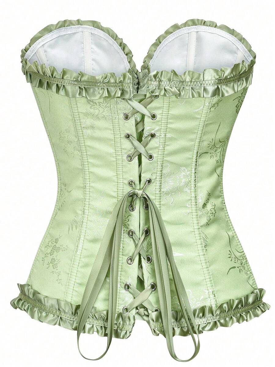 Women’s strapless corset bustier top with front button detail, lace-up back, frill accents, slim fit, and asymmetrical hem.