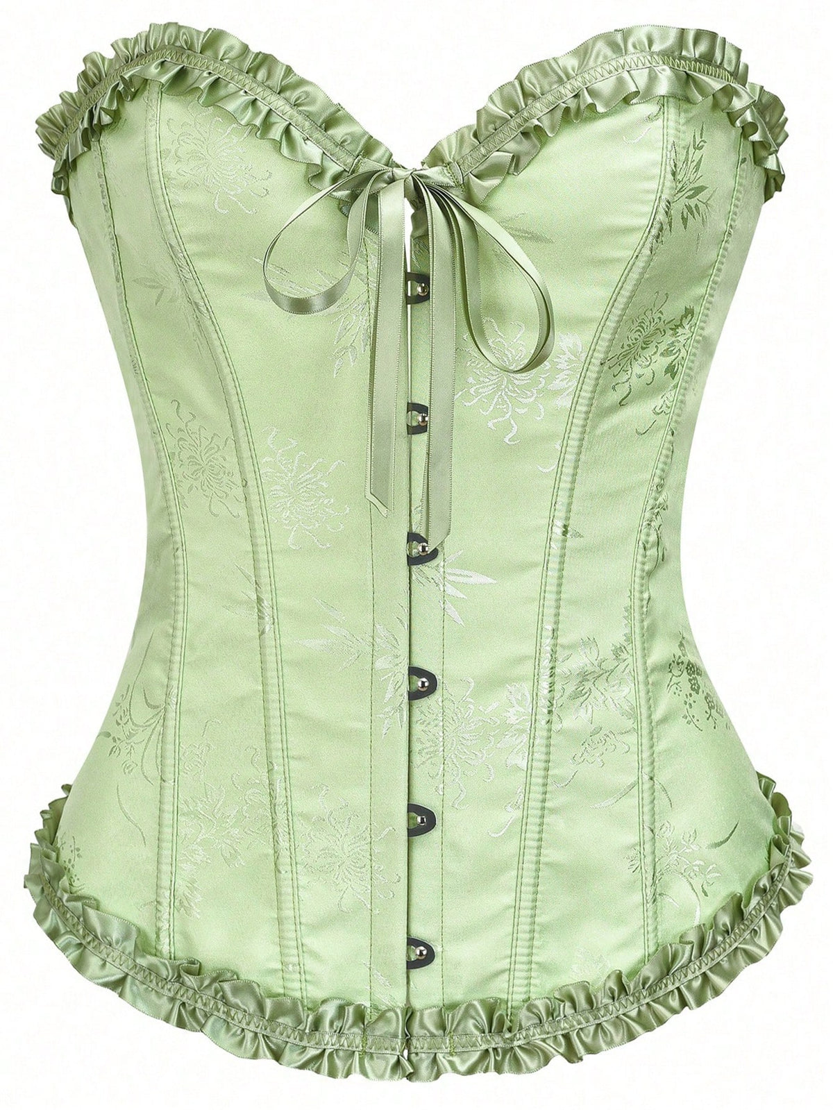 Women’s strapless corset bustier top with front button detail, lace-up back, frill accents, slim fit, and asymmetrical hem.