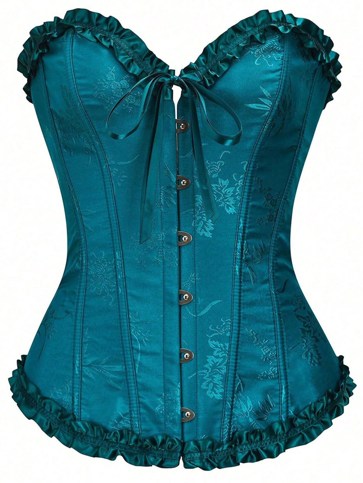 Women’s strapless corset bustier top with front button detail, lace-up back, frill accents, slim fit, and asymmetrical hem.