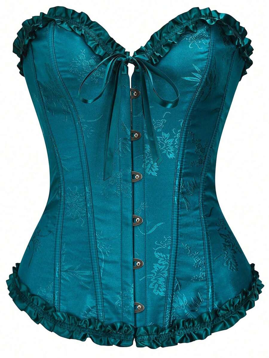 Women’s strapless corset bustier top with front button detail, lace-up back, frill accents, slim fit, and asymmetrical hem.