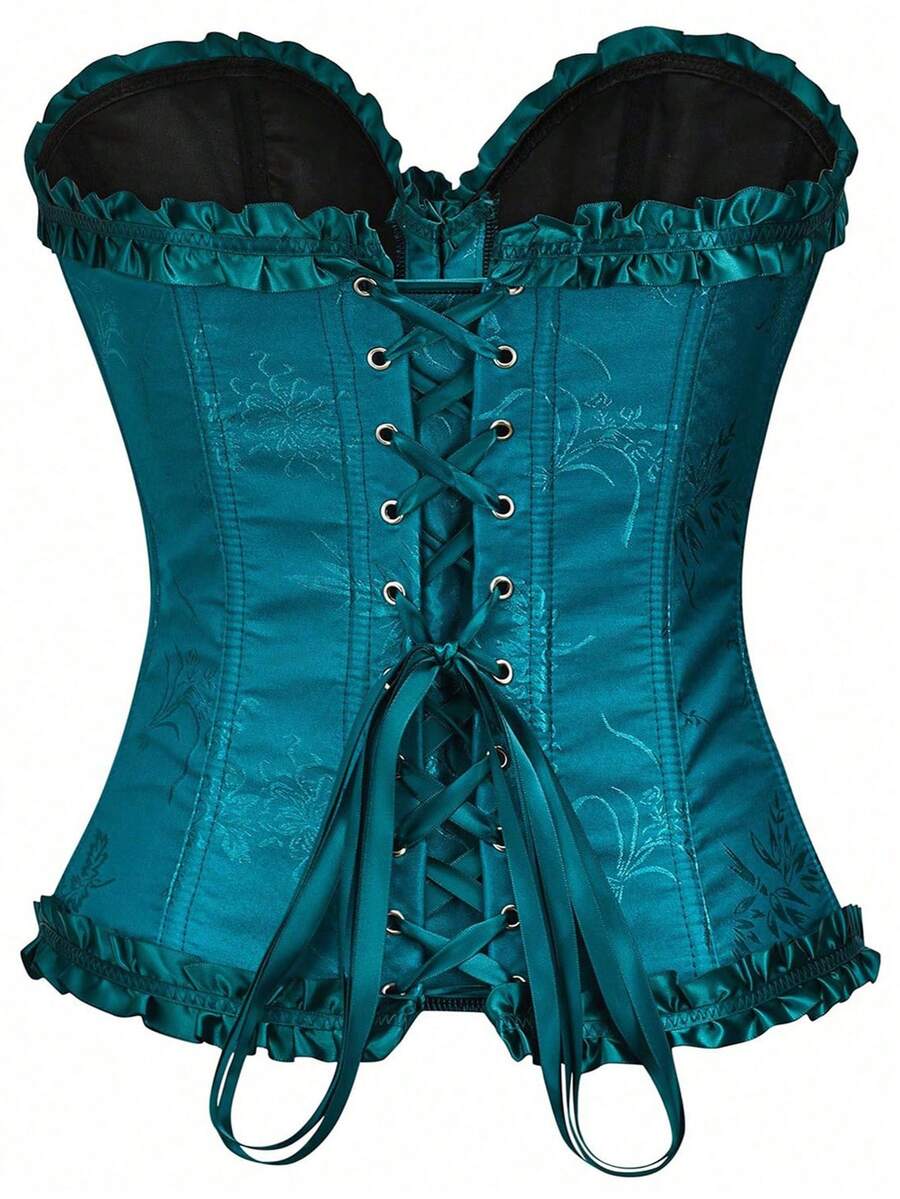 Women’s strapless corset bustier top with front button detail, lace-up back, frill accents, slim fit, and asymmetrical hem.