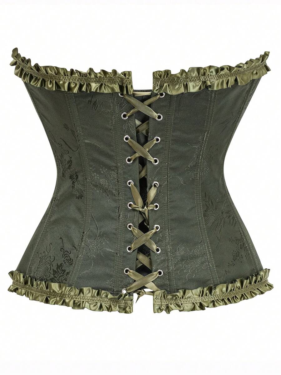 Women’s strapless corset bustier top with front button detail, lace-up back, frill accents, slim fit, and asymmetrical hem.