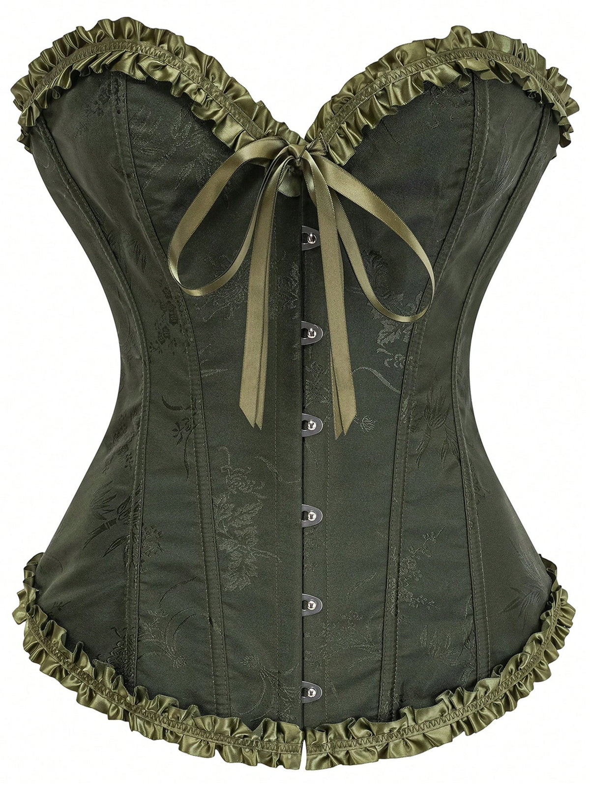 Women’s strapless corset bustier top with front button detail, lace-up back, frill accents, slim fit, and asymmetrical hem.