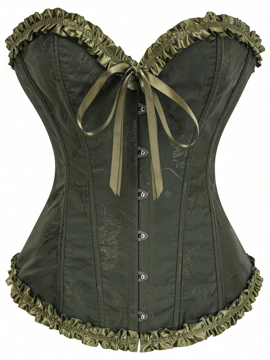 Women’s strapless corset bustier top with front button detail, lace-up back, frill accents, slim fit, and asymmetrical hem.