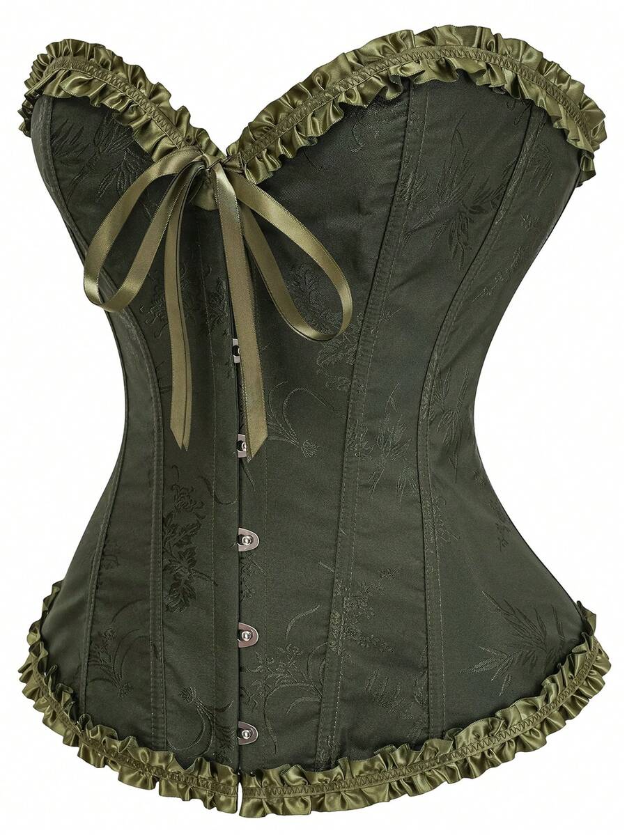 Women’s strapless corset bustier top with front button detail, lace-up back, frill accents, slim fit, and asymmetrical hem.