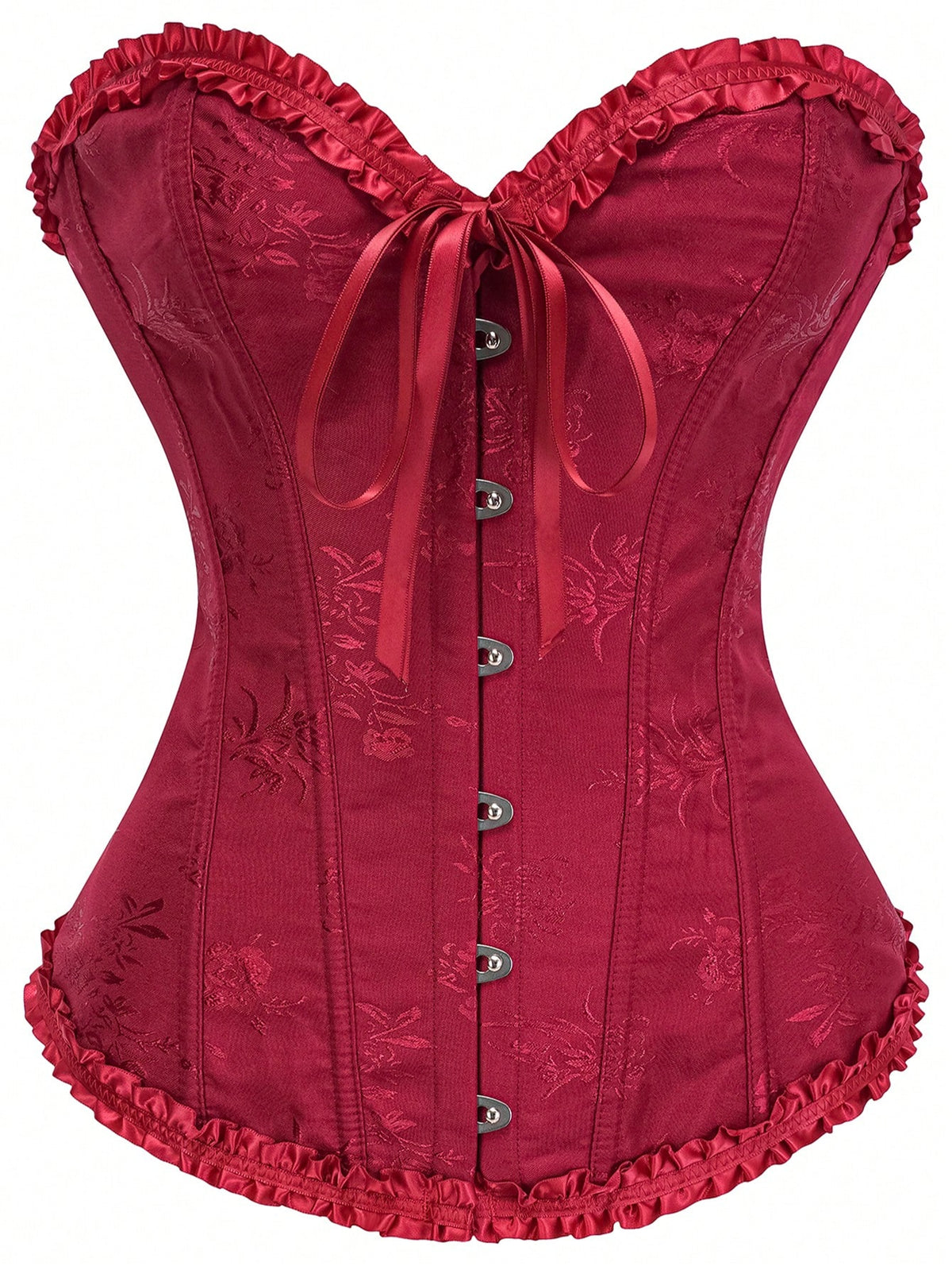 Women’s strapless corset bustier top with front button detail, lace-up back, frill accents, slim fit, and asymmetrical hem.
