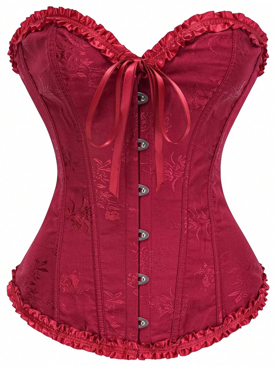 Women’s strapless corset bustier top with front button detail, lace-up back, frill accents, slim fit, and asymmetrical hem.