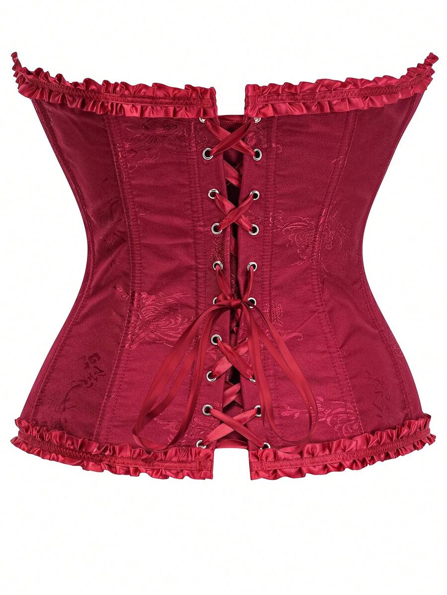 Women’s strapless corset bustier top with front button detail, lace-up back, frill accents, slim fit, and asymmetrical hem.